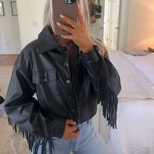 Cropped faux leather jacket with fringe